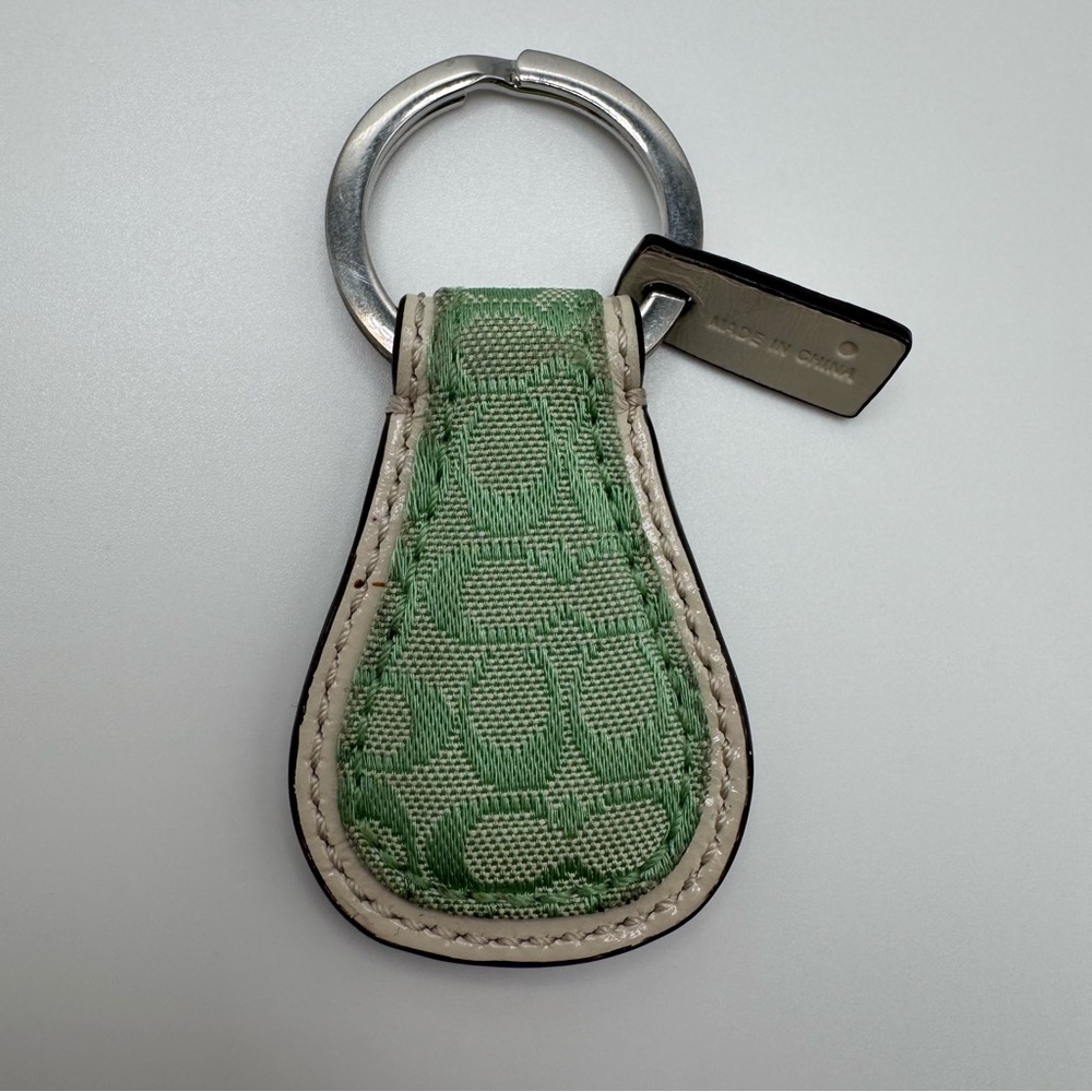 Vintage Coach Green Signature C Jacquard Teardrop Key Fob Bag Charm Y2K Leather